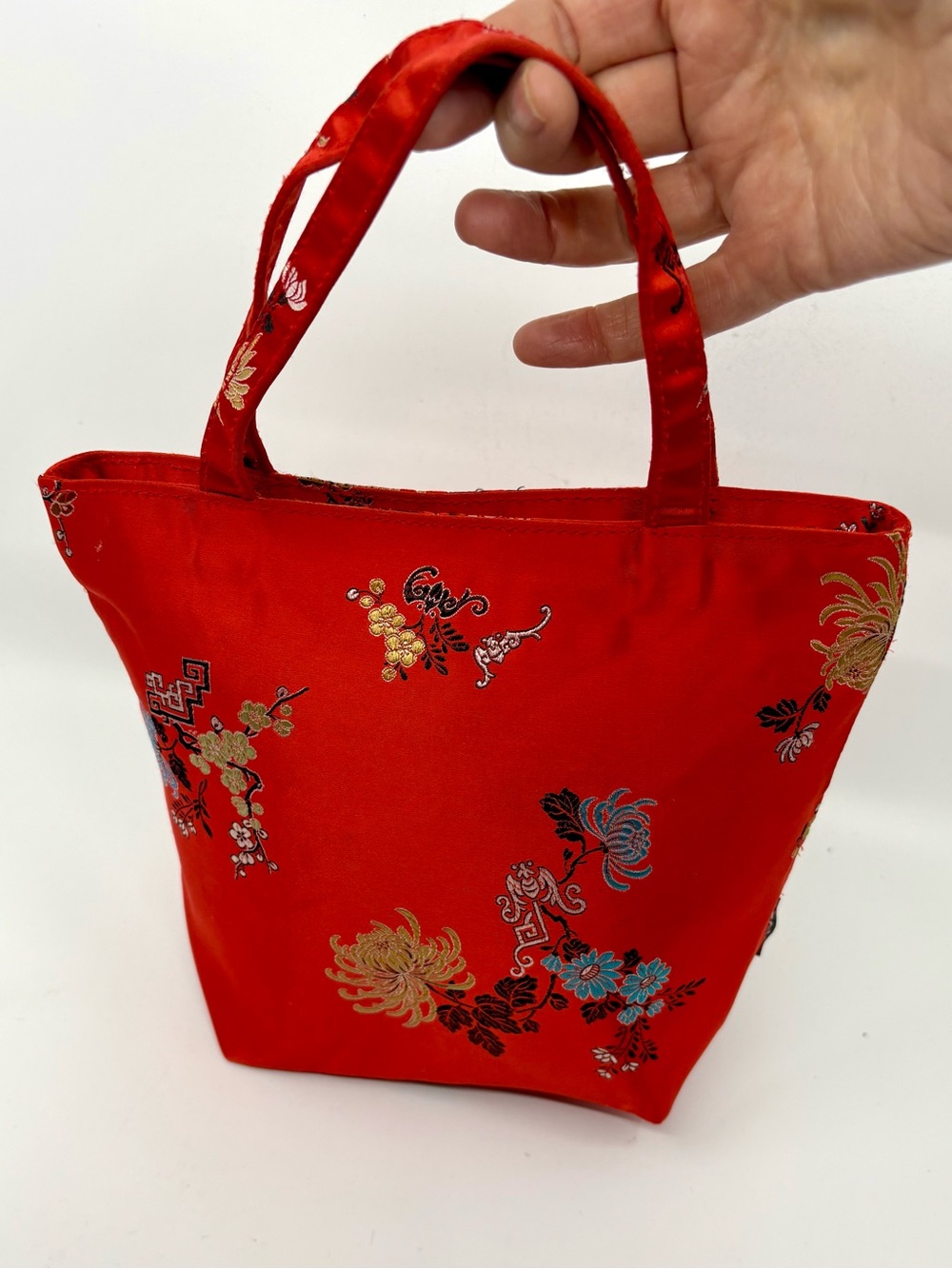 ESPRIT Red Floral Satin Small Tote Bag, 7.5” x 9.5” x 4” - Two Handles 4” high